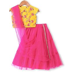 Babyhug Woven Half Sleeves Embroidered Choli and Net Lehenga with Dupatta - Pink