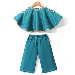 Babyhug Half Sleeves Embroidered Poncho Top with Pant Set - Teal Blue