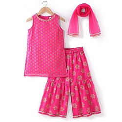 Babyhug Woven Sleeveless Brocade  Kurti Palazzo and Dupatta Set -Fuschia
