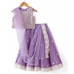 Babyhug Cotton Knit Sleeveless Embroidered Choli With Embroidered Net Lehenga And Dupatta Set - Lavender
