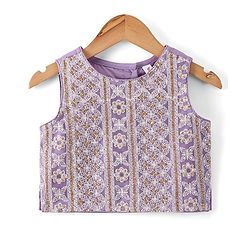 Babyhug Cotton Knit Sleeveless Embroidered Choli With Embroidered Net Lehenga And Dupatta Set - Lavender
