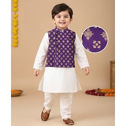 Babyhug Woven Full Sleeves Kurta & Pajama Set With Printed Jacket - Purple