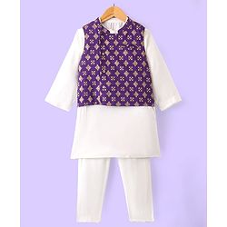 Babyhug Woven Full Sleeves Kurta & Pajama Set With Printed Jacket - Purple