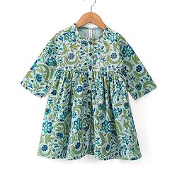 Babyhug Cotton Woven Three Fourth Sleeves Ethnic Dress Floral Printed - Green