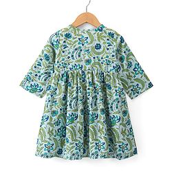 Babyhug Cotton Woven Three Fourth Sleeves Ethnic Dress Floral Printed - Green