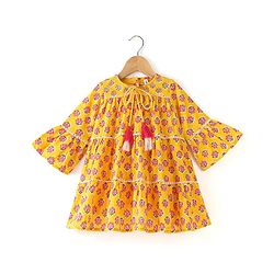 Babyhug 100% Cotton Knit Three Fourth Sleeves Ethnic Dress With Floral Print - Yellow
