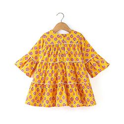 Babyhug 100% Cotton Knit Three Fourth Sleeves Ethnic Dress With Floral Print - Yellow