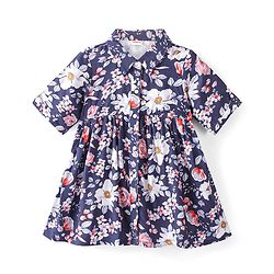 Babyhug Rayon Woven Full Sleeves Frock Floral Print -  Navy