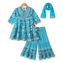 Babyhug Three Fourth Sleeves Printed Kurti Sharara and Dupatta Set with Floral Print - Blue