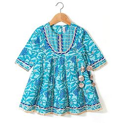 Babyhug Three Fourth Sleeves Printed Kurti Sharara and Dupatta Set with Floral Print - Blue