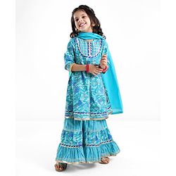 Babyhug Three Fourth Sleeves Printed Kurti Sharara and Dupatta Set with Floral Print - Blue
