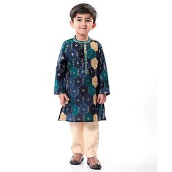 Babyhug Cotton Woven Full Sleeves Floral Printed & Embroidered Kurta Pyjama Set  - Navy Blue Green & Yellow