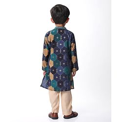 Babyhug Cotton Woven Full Sleeves Floral Printed & Embroidered Kurta Pyjama Set  - Navy Blue Green & Yellow