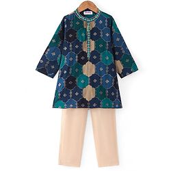 Babyhug Cotton Woven Full Sleeves Floral Printed & Embroidered Kurta Pyjama Set  - Navy Blue Green & Yellow
