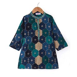 Babyhug Cotton Woven Full Sleeves Floral Printed & Embroidered Kurta Pyjama Set  - Navy Blue Green & Yellow