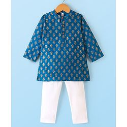 Babyhug 100% Cotton Woven Full Sleeves Kurta & Pyjama Set With Floral Print - Navy Blue