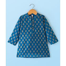 Babyhug 100% Cotton Woven Full Sleeves Kurta & Pyjama Set With Floral Print - Navy Blue