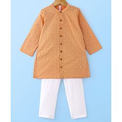 Babyhug 100% Cotton Full Sleeves Kolka Printed Kurta Pyjama Set -Peach
