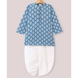 Babyhug 100% Cotton Full Sleeves Kurta With Dhoti Set With Floral Print - White & Blue