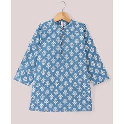 Babyhug 100% Cotton Full Sleeves Kurta With Dhoti Set With Floral Print - White & Blue