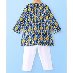 Babyhug 100% Cotton Full Sleeves Kolka Printed Kurta Pyjama Set - Blue