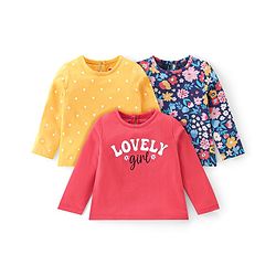 Babyhug 100% Cotton Knit Full Sleeves T-Shirt With Floral Graphics Pack Of 3 - Multicolour