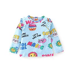 Babyhug 100% Cotton Knit Full Sleeves Cup Cakes Print T-Shirt with Frill Detailing - Blue