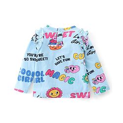 Babyhug 100% Cotton Knit Full Sleeves Cup Cakes Print T-Shirt with Frill Detailing - Blue