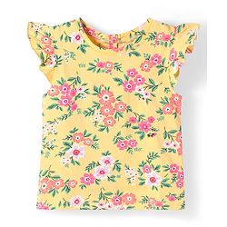 Babyhug Cotton Knit Frill Sleeves T-Shirt With Floral Print - Mustard