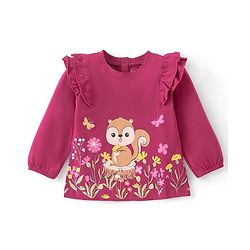 Babyhug Cotton Knit Full Sleeves Tee  & Frill Detailing Squirrel & Floral Print- Maroon