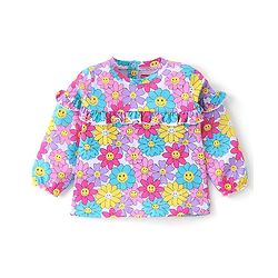 Babyhug Cotton Knit Full Sleeves Tee  & Frill Detailing Floral Print- Pink Purple & Blue