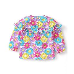 Babyhug Cotton Knit Full Sleeves Tee  & Frill Detailing Floral Print- Pink Purple & Blue