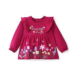 Babyhug Cotton Full Sleeves Tee With Floral Graphics & Frill Detailing- Maroon