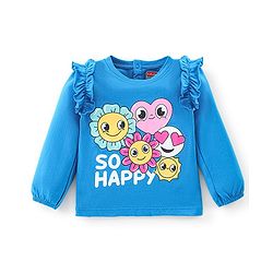 Babyhug 100% Cotton Knit Full Sleeves T-Shirt With Emoji Graphics & Frill Detailing - Blue