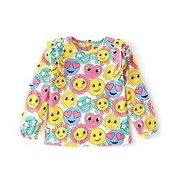 Babyhug 100% Cotton Knit Full Sleeves Top With Frill Detailing Emoji Print - Off White