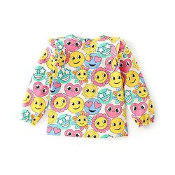 Babyhug 100% Cotton Knit Full Sleeves Top With Frill Detailing Emoji Print - Off White