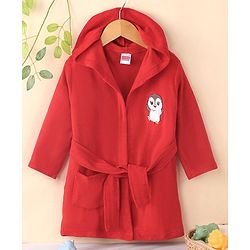 Babyhug Cotton Knit Full Sleeves Hooded Bath Robe Penguin Design - Red
