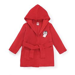 Babyhug Cotton Knit Full Sleeves Hooded Bath Robe Penguin Design - Red