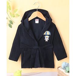 Babyhug Cotton Knit Full Sleeves Hooded Bath Robe Bear Embroidery - Navy Blue