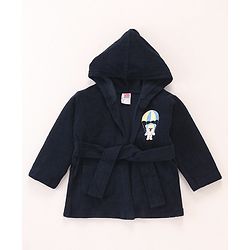 Babyhug Cotton Knit Full Sleeves Hooded Bath Robe Bear Embroidery - Navy Blue