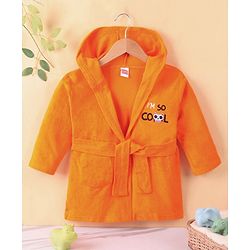Babyhug Cotton Knit Full Sleeves Hooded Bath Robe Text Embroidery - Orange