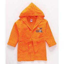 Babyhug Cotton Knit Full Sleeves Hooded Bath Robe Text Embroidery - Orange