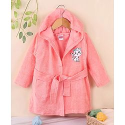 Babyhug Cotton Knit Full Sleeves Hooded Bath Robe Kitten Design - Pink
