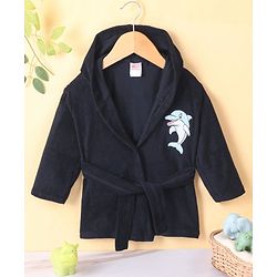 Babyhug Cotton Knit Full Sleeves Hooded Bath Robe Dolphin Patch - Navy Blue