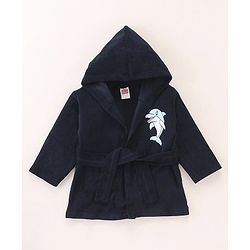 Babyhug Cotton Knit Full Sleeves Hooded Bath Robe Dolphin Patch - Navy Blue