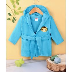 Babyhug Cotton Full Sleeves Hooded Bath Robe with Lion Embroidery - Blue