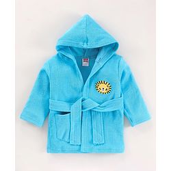 Babyhug Cotton Full Sleeves Hooded Bath Robe with Lion Embroidery - Blue