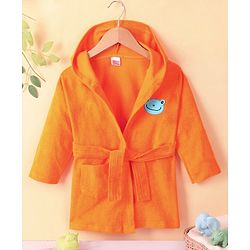 Babyhug Cotton Knit Full Sleeves Hooded Bath Robe Frog Patch - Orange