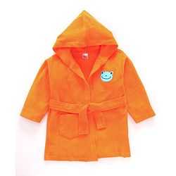 Babyhug Cotton Knit Full Sleeves Hooded Bath Robe Frog Patch - Orange