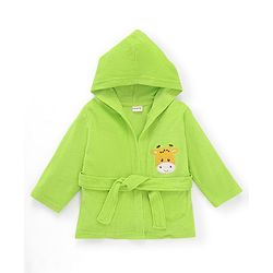 Babyhug Cotton Knit Full Sleeves Hooded Bath Robe Giraffe Embroidery - Green